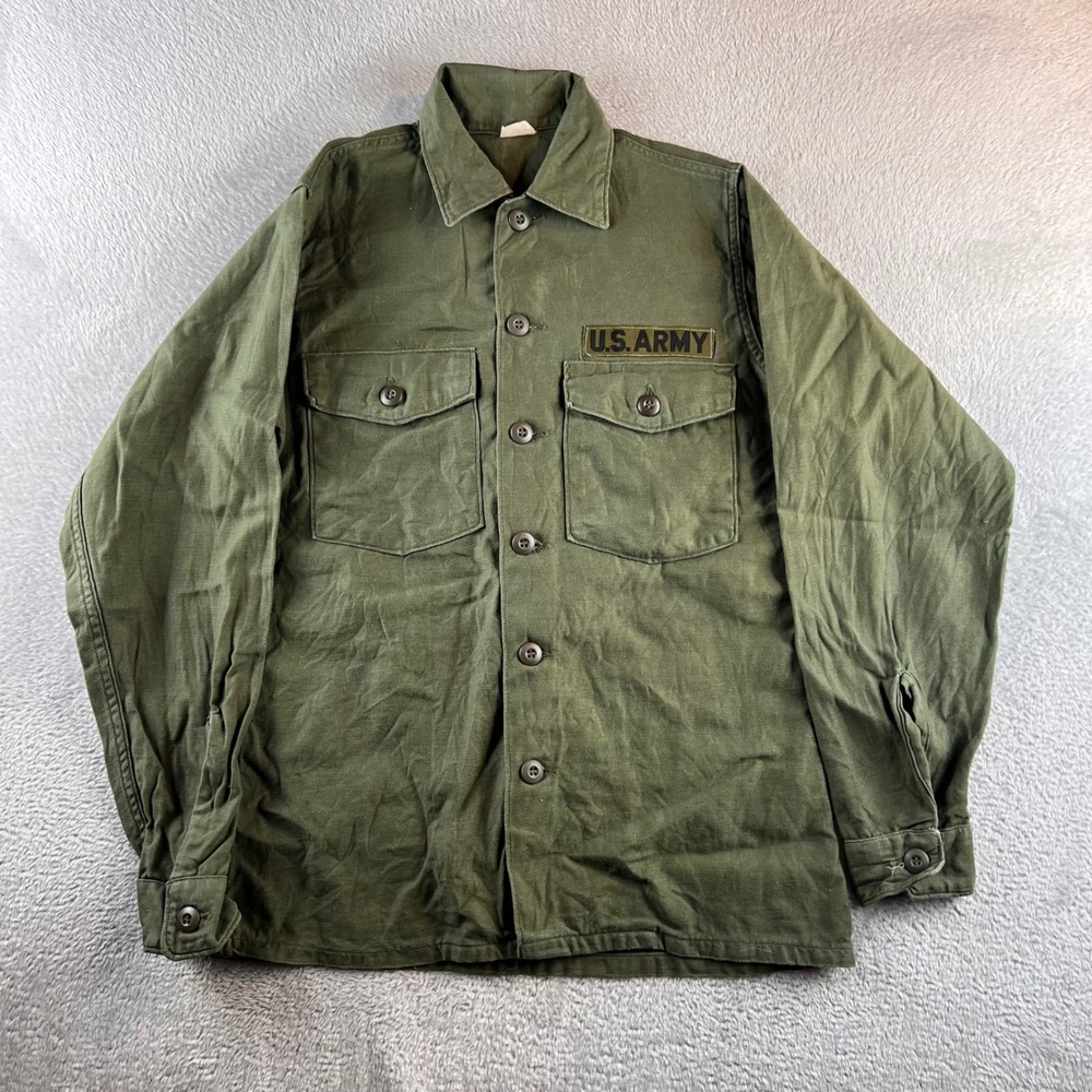 Vintage US Army OG-107 Cotton Sateen Utility Shirt Men 14.5x33 Olive Drab Green